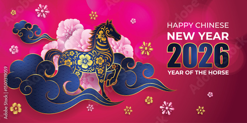Year of the horse, Chinese New Year 2026 banner with blue horse and cloud design