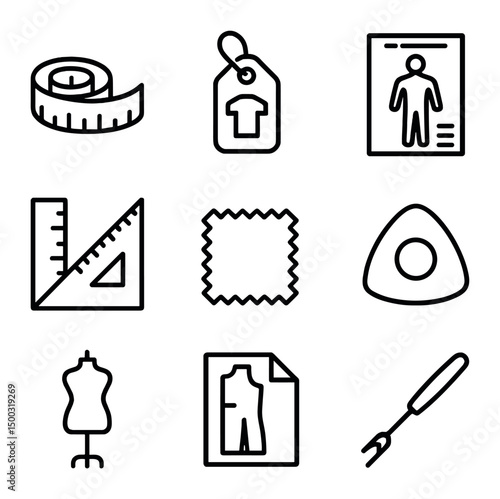 Sewing Tool Icons. Outline icon set of size and fit tools: tape measure, size tag, fit chart, grading ruler, sample swatch, tailor