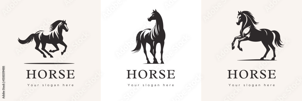 Obraz premium Riding Horse Head Silhouette Logo Set Vector 2026 New Year Symbol Riding Illustration White Shape Black Isolated Icon Animal Art