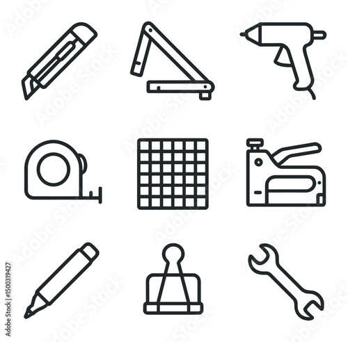 Shelter Tool Icons. Outline icon set of shelter assembly tools: utility knife, folding ruler, hot glue gun, measuring tape,