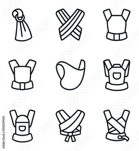 Sling Icon Set. Outline icon set of sling types: ring sling, stretchy wrap, woven wrap, mei tai, pouch sling, buckle carrier, soft