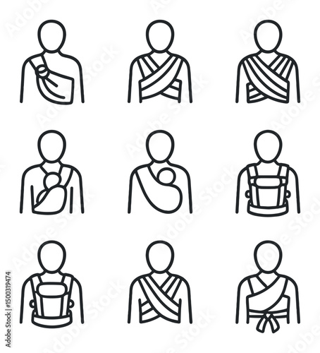 Sling Icon Set. Outline icon set of sling types: ring sling, stretchy wrap, woven wrap, mei tai, pouch sling, buckle carrier, soft