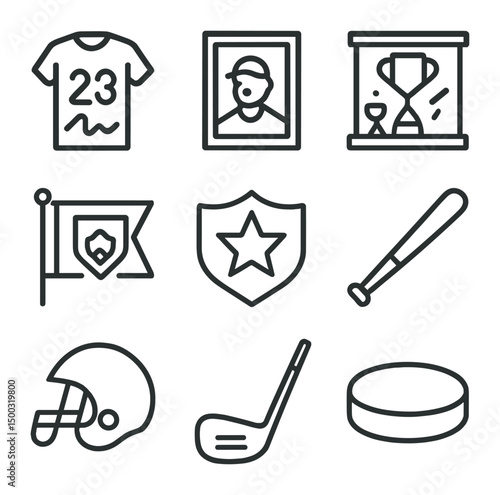 Sports Memorabilia Icons. Outline icon set of sports memorabilia: signed jersey, framed photo, trophy case, pennant flag, team