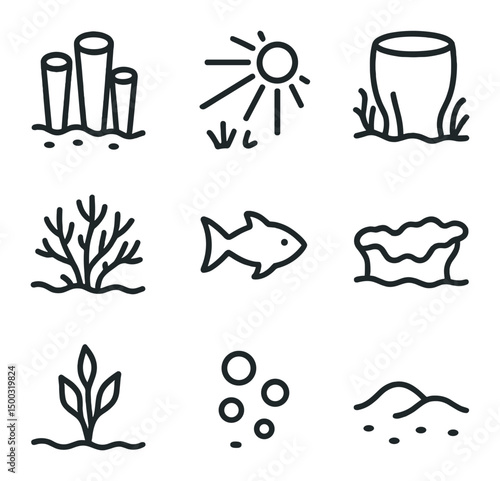 Sponge Garden Icons. Outline icon set of sunlit coral reef: sunray, brain coral, staghorn coral, clownfish, sea anemone, starfish,