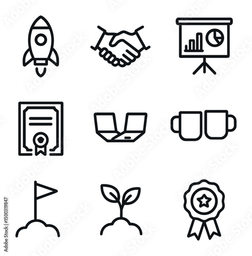 Startup Icon Set. Outline icon set of startup founding team success: rocket launch, investor handshake, pitch deck, equity share