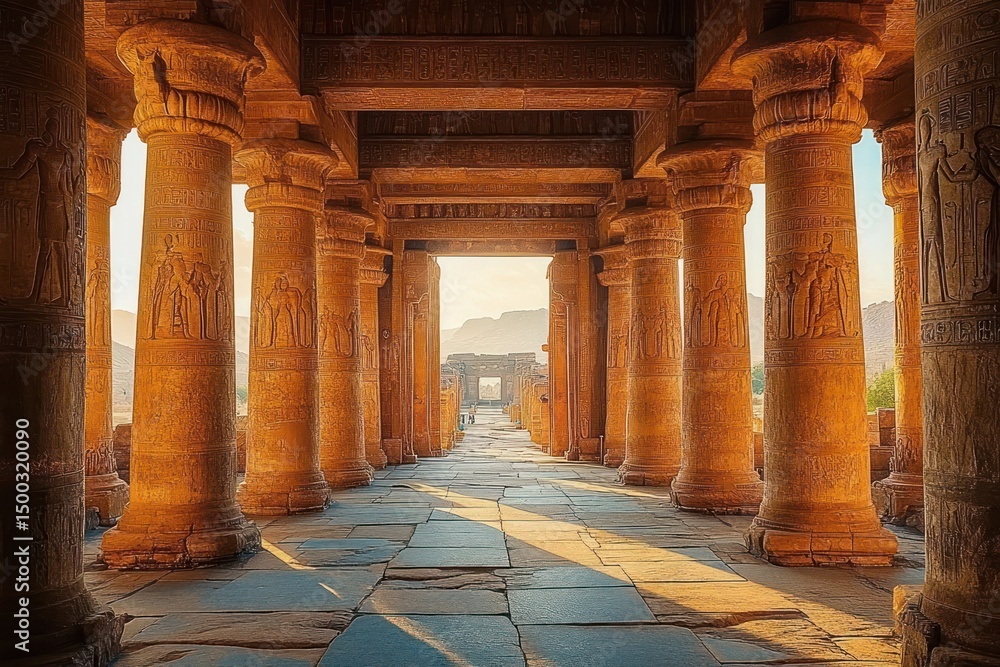 Fototapeta premium Ancient temple corridor with tall engraved stone columns casting long shadows in warm golden light