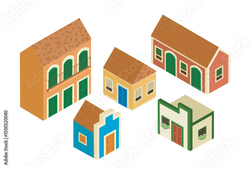 Isometric Brazilian houses isolated set vector. Latin american homes collection illustration.  