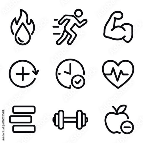 Tabata Exercise Benefits Icons. Outline icon set of Tabata benefits: fat burn, endurance boost, strength gain, metabolism increase