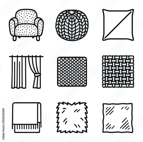 Textured Layering Icons. Outline icon set of textured layering techniques: boucle armchair, knitted pouf, leather pillow, velvet