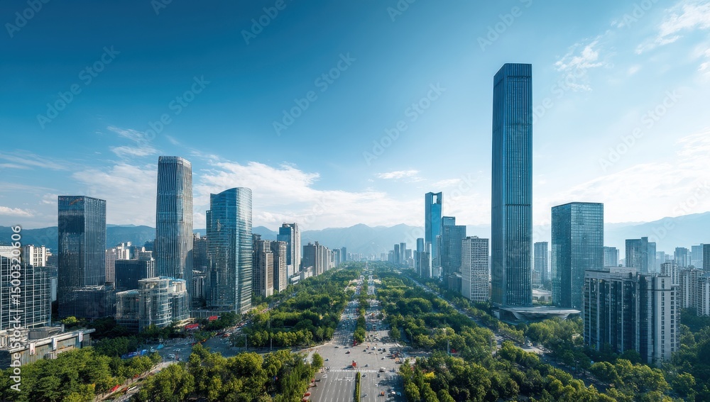 Modern City Skyline with Lush Green Spaces and Mountains in the Background Modern City Skyline with Lush Green Spaces and Mountains in the Background