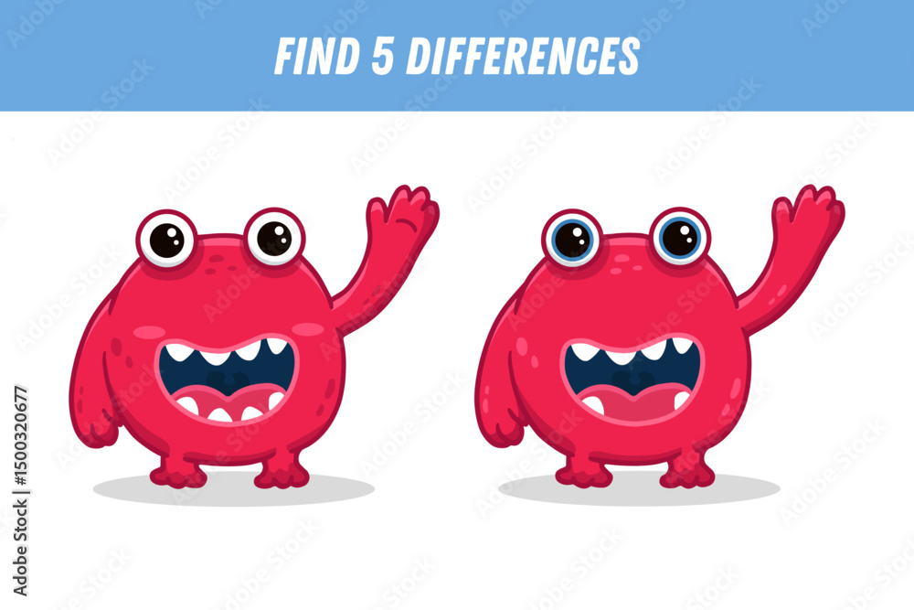 Fototapeta premium Find 5 differences between two pictures of funny red monster. Cute alien. Vector illustration 