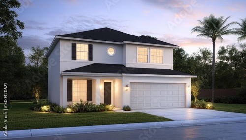 Wallpaper Mural Two-story house at dusk, light-colored exterior, with a garage and front yard landscaping Torontodigital.ca