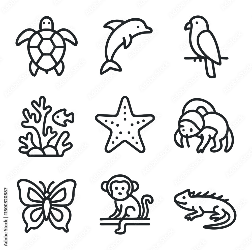 Tropical Wildlife and Transport Icons. Outline icon set of tropical wildlife encounters: sea turtle, dolphin, exotic bird, coral Tropical Wildlife and Transport Icons. Outline icon set of tropical wildlife encounters: sea turtle, dolphin, exotic bird, coral