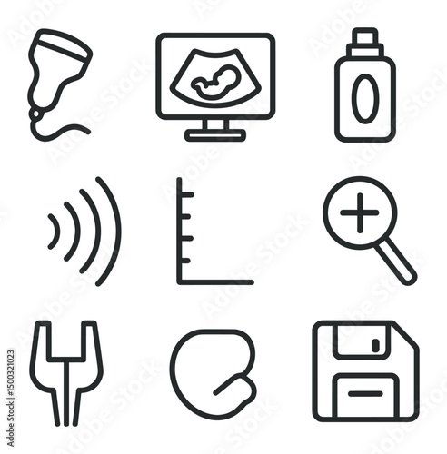 Ultrasound Icon Set. Outline icon set of ultrasound scanning features: ultrasound transducer, monitor, gel bottle, acoustic waves,