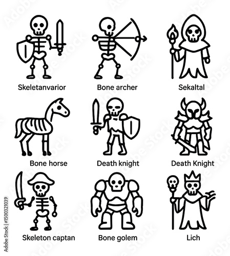 Undead Icon Set. Outline icon set of demonic entities: Imp, Succubus, Incubus, Djinn, Archdemon, Hellhound, Baphomet, Pit Fiend,