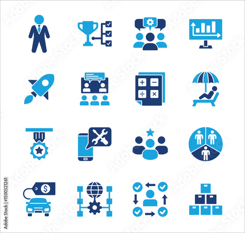 Business company Icon set. Management icon set. Contains symbol of teamwork, data, asset, stock, resource, employee, businessman, target, finance, holiday, meeting, progress. Vector illustration