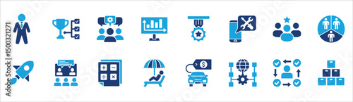 Business and management icon set. Contains symbol of businessman, target, leadership, progress, holiday, data, stock, market, accounting, training, resource, finance, service. Vector illustration