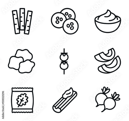 Vegetable Snack Icons. Outline icon set of healthy vegetable snack ideas: carrot sticks, cucumber slices, hummus dip, veggie chips