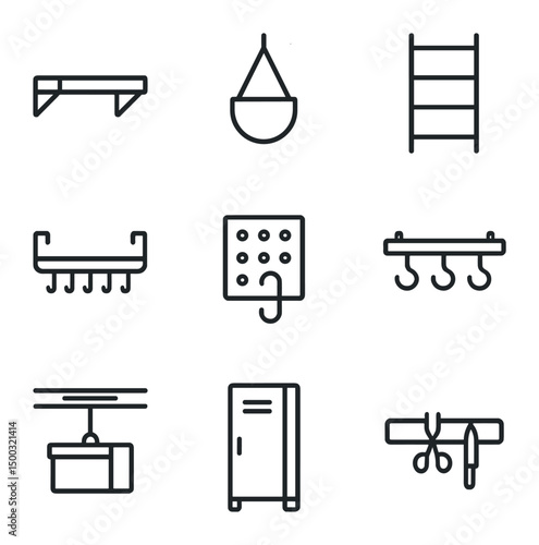 Vertical Storage Icons. Outline icon set of vertical storage options: wall-mounted shelf, hanging planter, ladder shelf, over-door