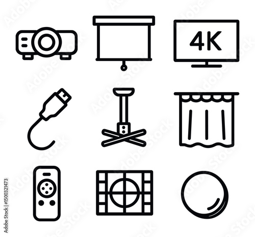 Video Display Icons. Outline icon set of video projection and display: projector lens, projection screen, 4K TV, HDMI cable,