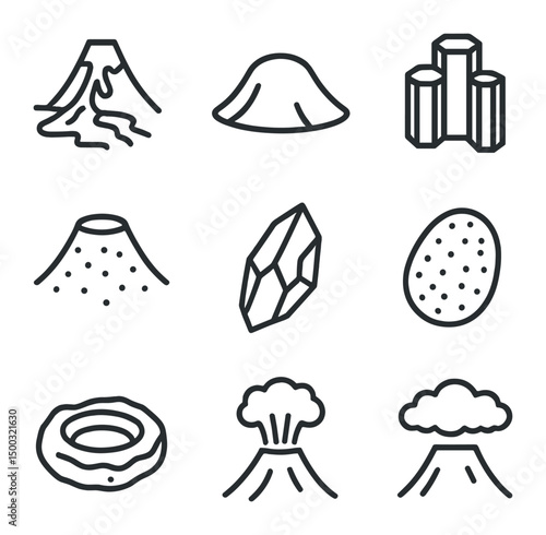 Volcanic Icon Set. Outline icon set of volcanic rock formations: lava flow, volcanic dome, basalt column, cinder cone, obsidian