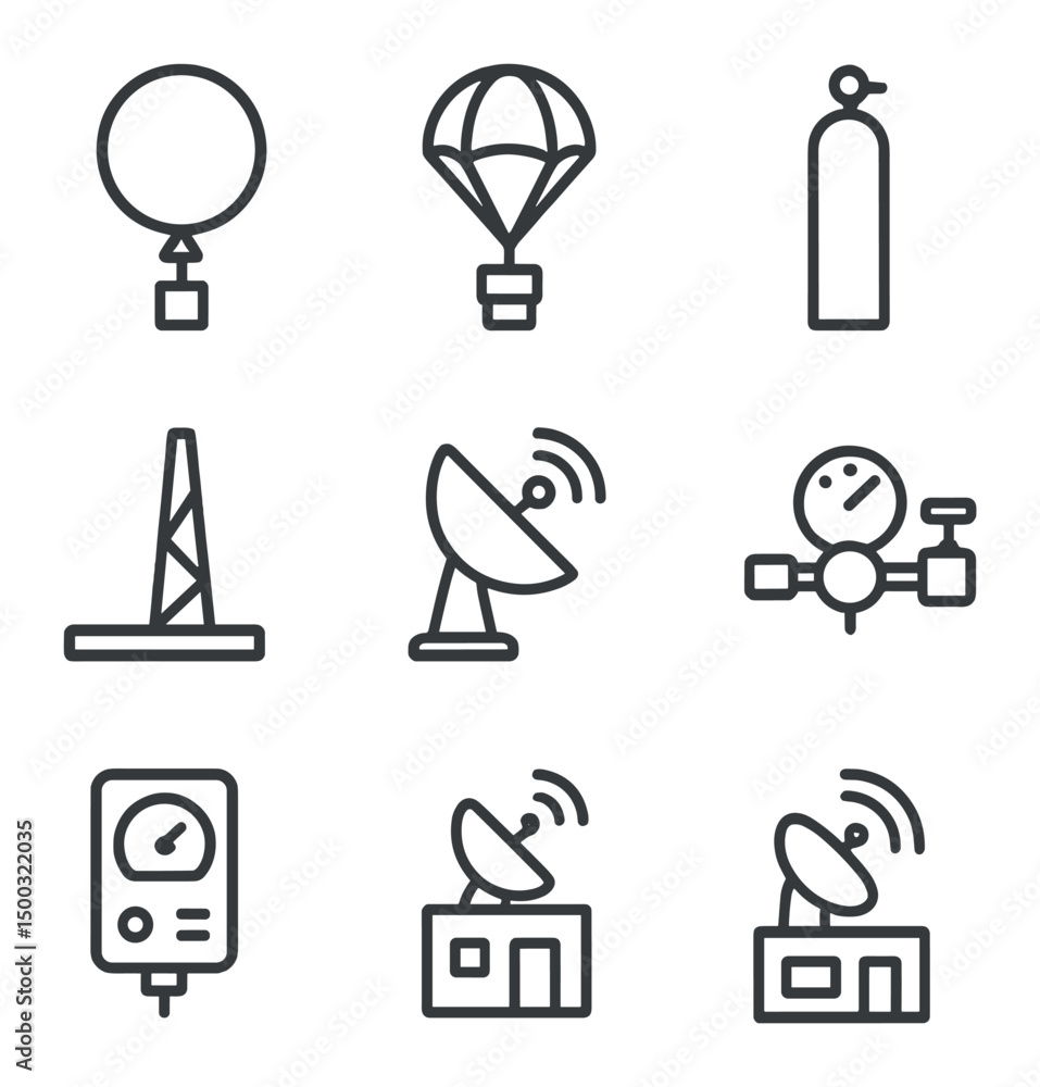 Weather Balloon Icons. Outline icon set of weather balloon launch: weather balloon, radiosonde payload, parachute pack, helium Weather Balloon Icons. Outline icon set of weather balloon launch: weather balloon, radiosonde payload, parachute pack, helium
