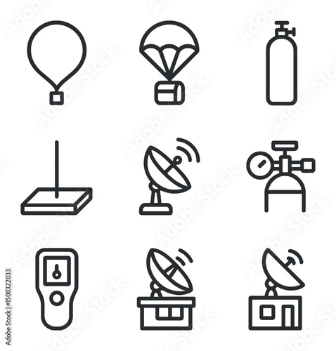 Weather Balloon Icons. Outline icon set of astrophysics: galaxy spiral, supernova explosion, pulsar beam, cosmic microwave