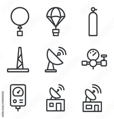 Weather Balloon Icons. Outline icon set of weather balloon launch: weather balloon, radiosonde payload, parachute pack, helium