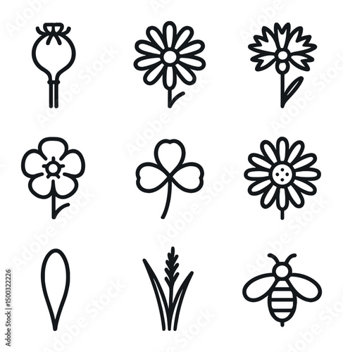 Wildflower Icon Set. Outline icon set of diffuse light in overcast sky: uniform cloud layer, soft glow, muted sun circle, ambient