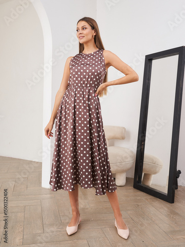Canvas Print Woman in brown sleeveless polka dot dress poses confidently, standing in a styli