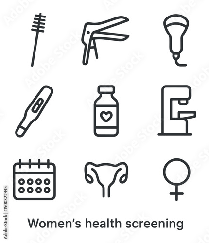 Women's Health Icons. Outline icon set of women’s health screening: pap smear brush, gynecology speculum, ultrasound probe,