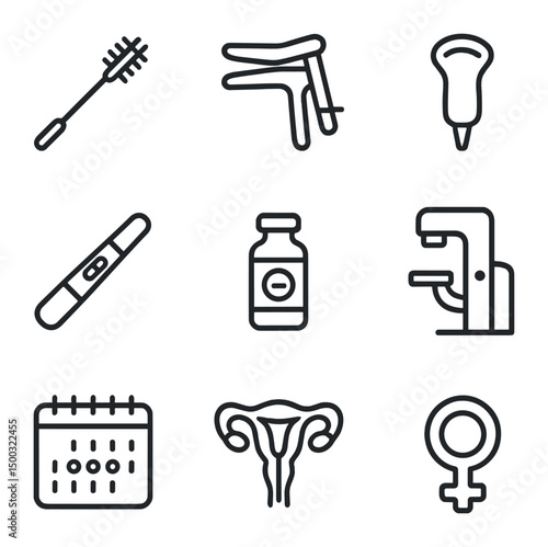Women's Health Icons. Outline icon set of women’s health screening: pap smear brush, gynecology speculum, ultrasound probe,