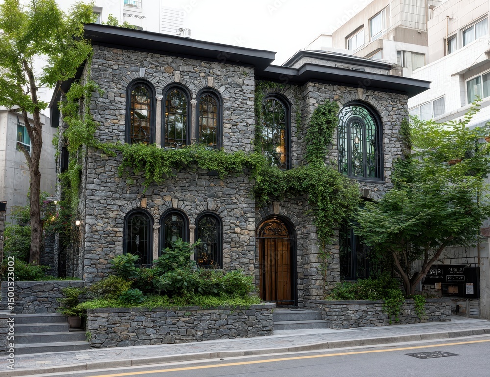 Fototapeta premium Charming Stone Building with Lush Greenery in Seoul, South Korea