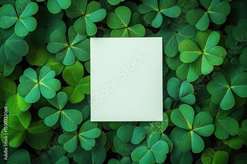 Blank white square paper placed on a dense bed of vibrant green clover leaves with light veins, creating a fresh natural background