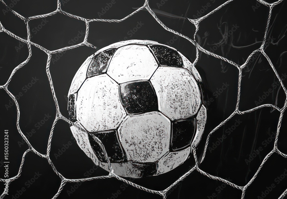Fototapeta premium Black and white soccer ball caught in the net, symbolizing a goal scored in a soccer game with a textured, chalk-drawn effect on a dark background