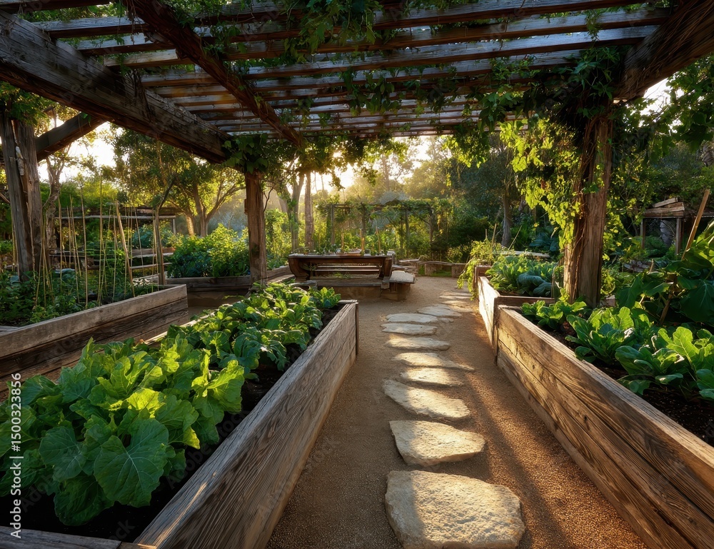 Sunlit Garden Pathway with Wooden Planters and Pergola Sunlit Garden Pathway with Wooden Planters and Pergola