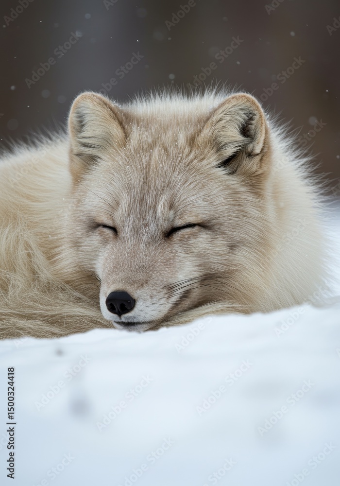 Fototapeta premium A Photo Of A Sleeping Arctic Fox Resting In The Snow With Closed Eyes And White Fur