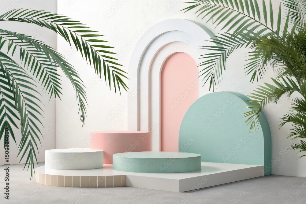 Fototapeta premium Minimalist scene with geometric shapes and tropical palm leaves for product display and presentation in pastel colors
