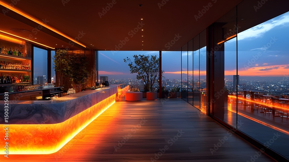 Fototapeta premium Rooftop bar with city view at sunset.