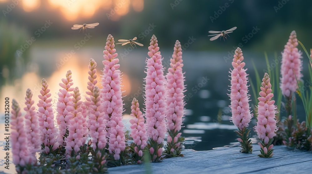 Obraz premium Obedient Plant Physostegia virginiana pink tubular flowers arranged along wetland boardwalk dragonflies hovering nearby soft evening tones and still water