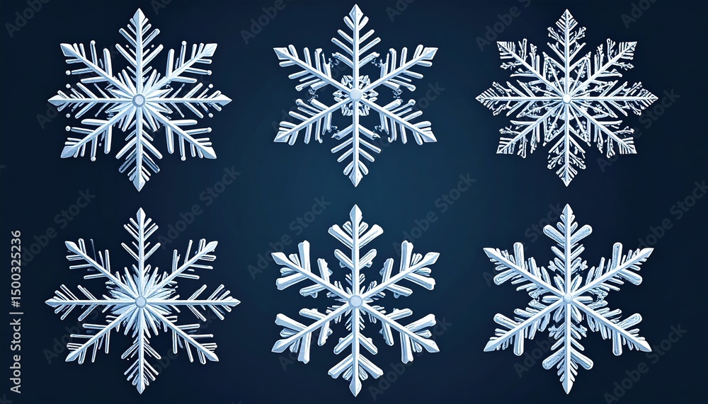 Six Unique Snowflakes with Winter Design. Six Unique Snowflakes with Winter Design.
