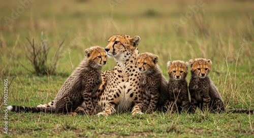 Cheetah Family Portrait in Kenyan Savanna Mother and Cubs Resting Together