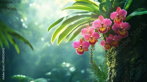 Orchids Orchidaceae growing wild tropical rainforest tree epiphytic root hanging over moss covered bark filtered light piercing through dense foliage humid atmosphere exotic nature scene vibrant color