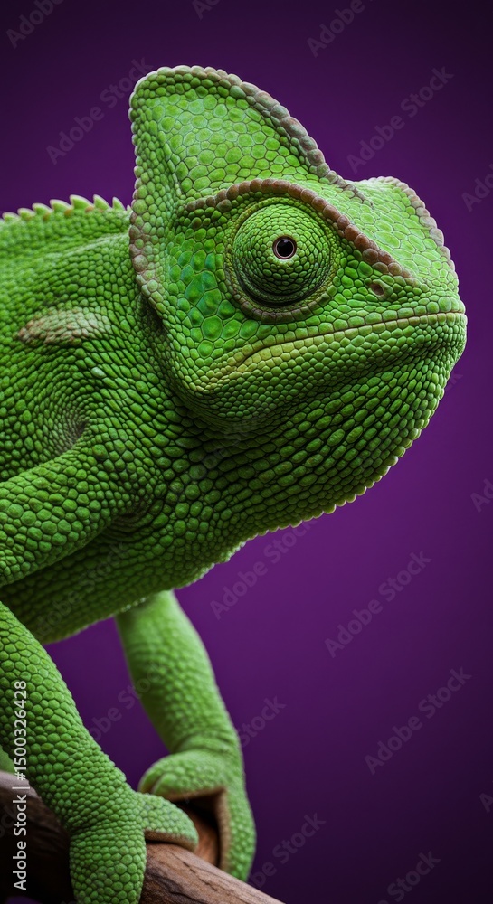 Fototapeta premium Detailed Green Chameleon On Branch Against Purple Background Photo