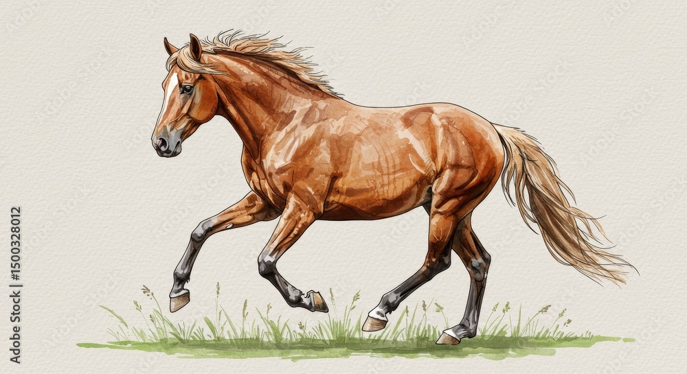 Fototapeta premium Illustration Of A Brown Horse Running Through Grassy Terrain With Light And Shadow