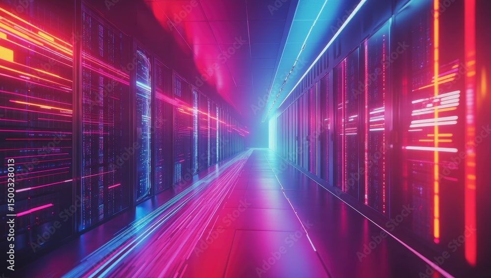 Futuristic server room, vibrant neon lights, motion blur Futuristic server room, vibrant neon lights, motion blur