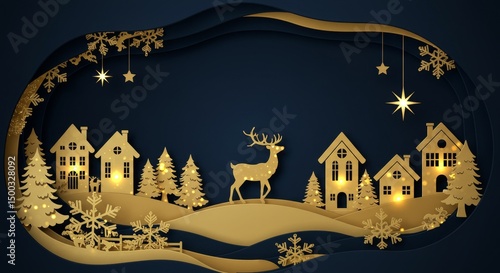 Illustration Of A Gold Deer And Houses Silhouette On A Dark Blue Background