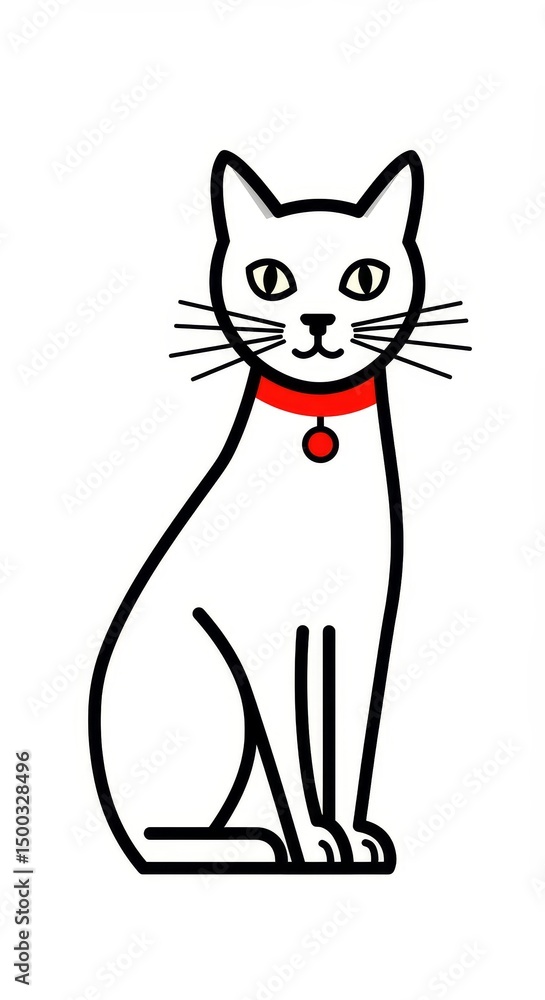 Obraz premium Illustration Of White Cat With Red Collar Sitting Against White Background