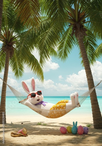 Illustration Of Relaxed Easter Bunny Lounging In Hammock On Beach With Palms