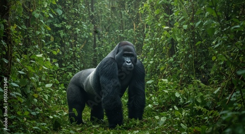 Photo A Majestic Gorilla Amidst Dense Green Jungle Rainforest Habitat